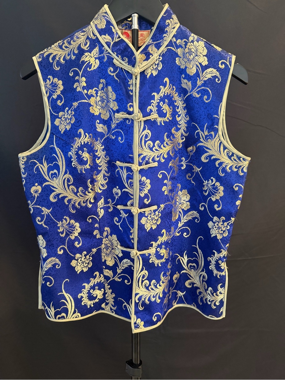 Vintage Jin Feng Chinese Blue Gold Brocade Vest Mandarin Collar Sz 38